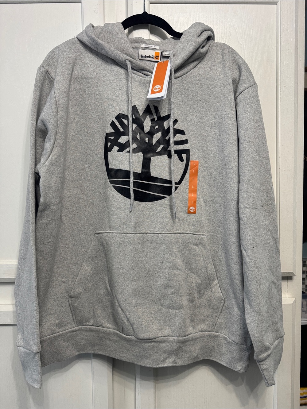 Timberland Light Grey Hoodie with Black Logo and Orange Tag